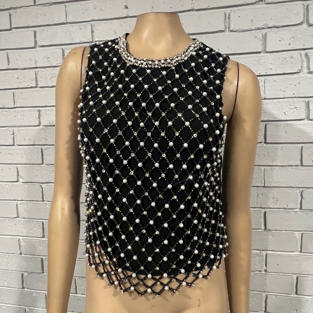 Alice and Olivia Black Pearl Rhinestone Lattice Embellished Sleeveless Shell Top